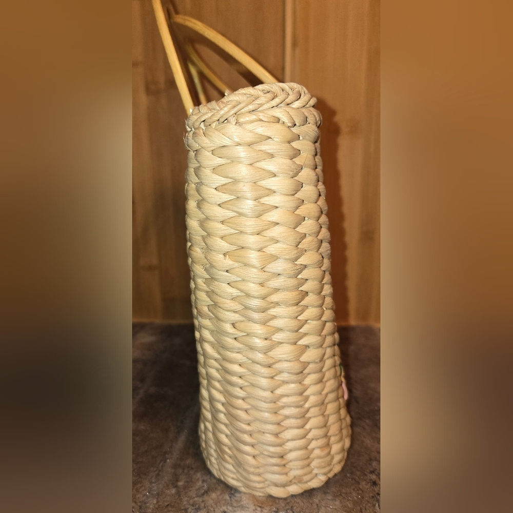 Vtg 1990s Cornhusk Basket Wicker Purse Boho Tropical Print Casual Tote - Picture 3 of 6